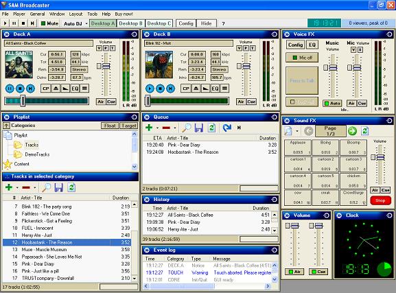 SAM Broadcaster main window Dual decks Queue Playlist with categories 